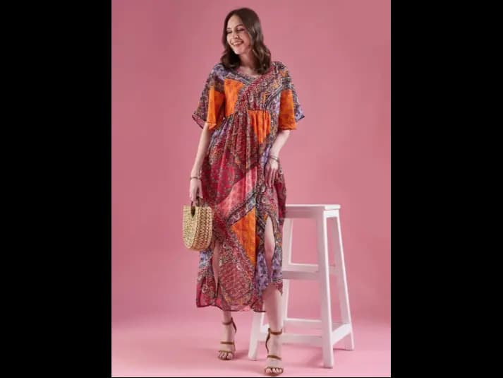 Ethnic Motifs Print Flared Sleeve Chiffon Empire Maxi Dress (3)