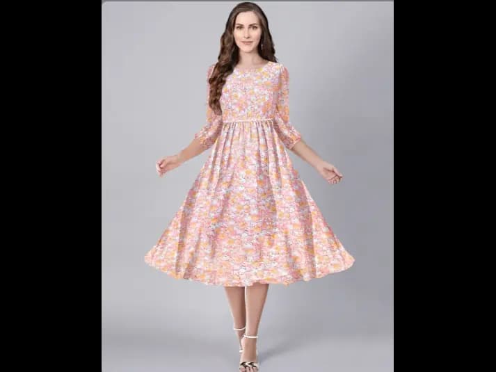 Women Floral Fit & Flared Dress with Round Neck