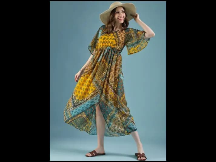 Ethnic Motifs Printed Georgette A-Line Midi Dress (3)