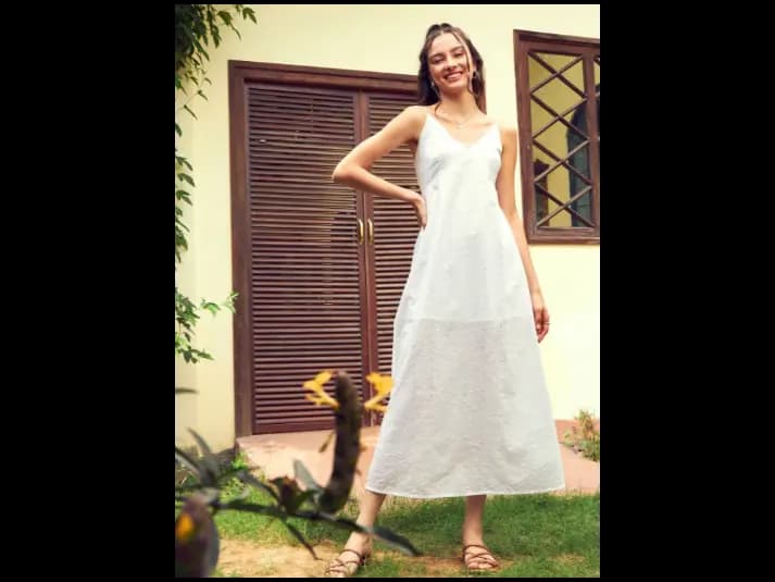 White Self Design Schiffli Pure Cotton A-Line Midi Dress