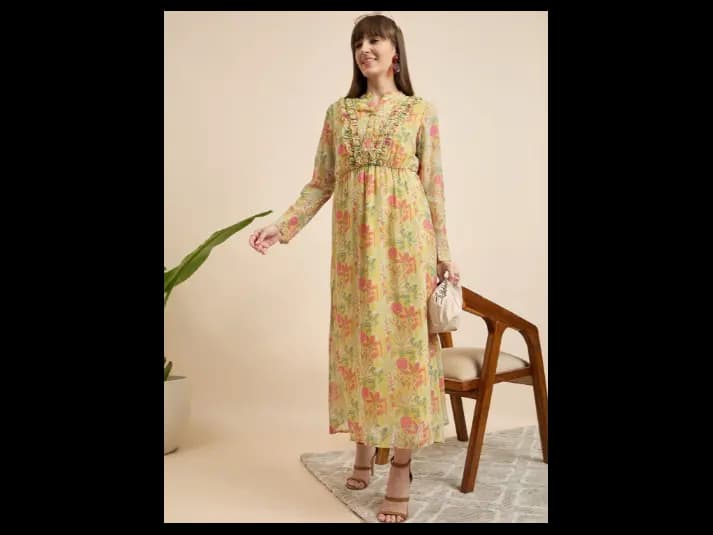 Floral Print Cowl Neck Ruffled Maxi Dress