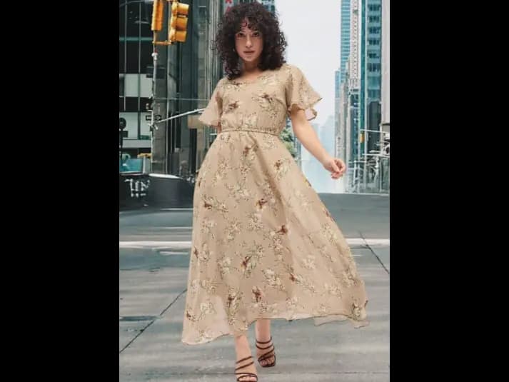 Floral Print Flared Sleeve Georgette Empire Midi Dress (2)