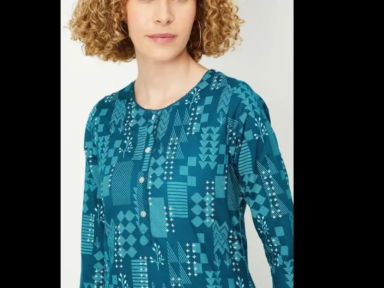Round Neck Printed Three Quarter Sleeves Cotton Straight Kurta (3)