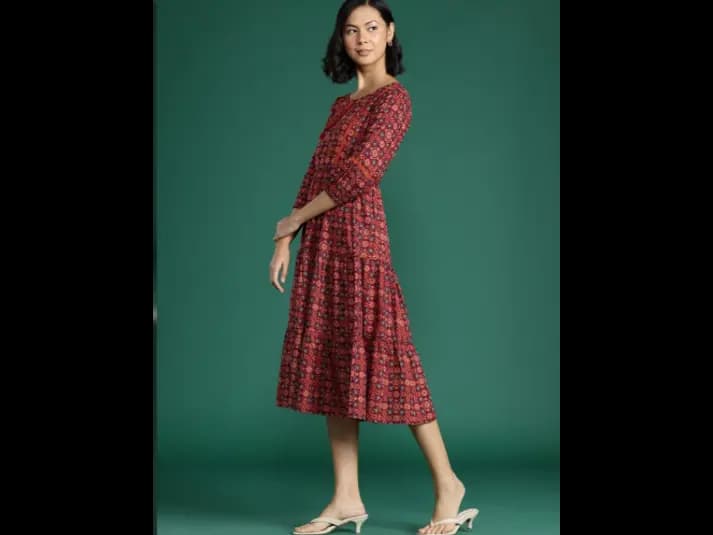 Ethnic Motifs Print Tie-Up Neck Puff Sleeve Pure Cotton Fit & Flare Midi Dress (3)