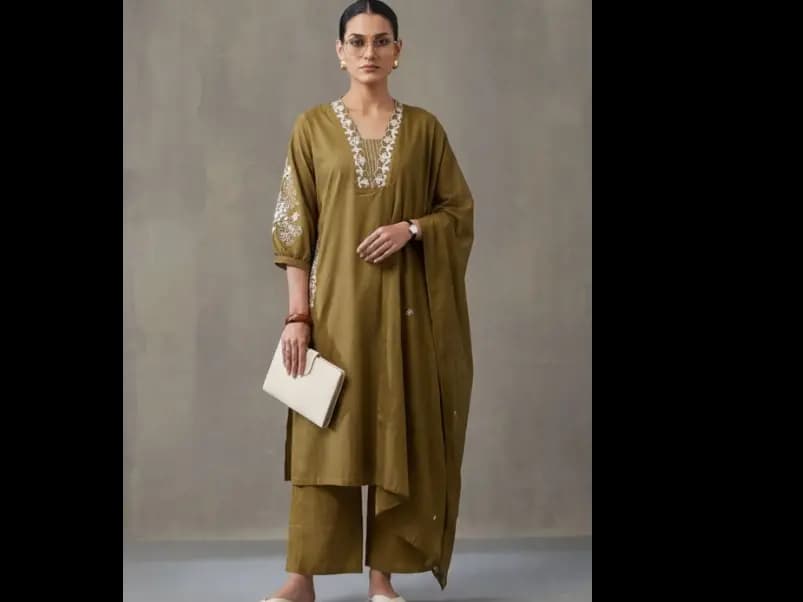 Floral Embroidered A-Line Cotton Kurta & Trousers Sets