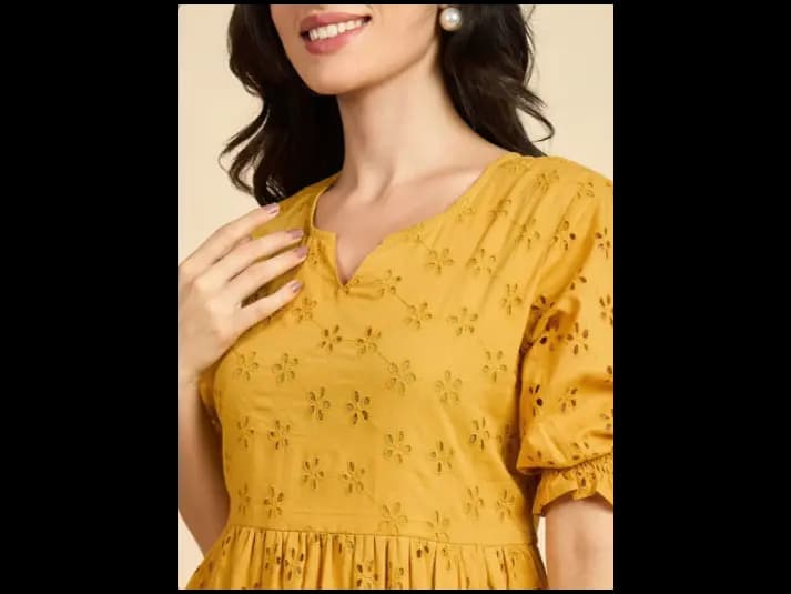 Self Design Puff Sleeves Semi Sheer Schiffli Pure Cotton Fit & Flare Dress (4)