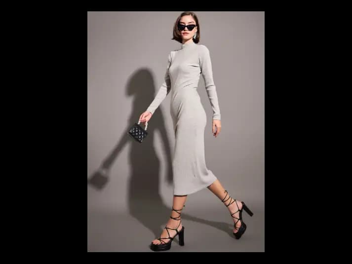 Grey Mock Neck A-Line Midi Dress (3)