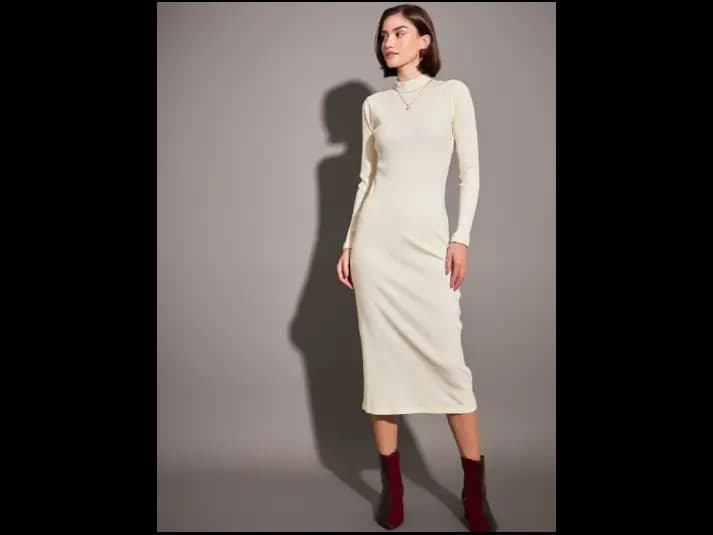 Off White Self Design High Neck Sheath Dress