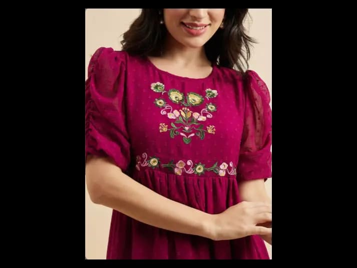 Floral Embroidered Round Neck Short Puff Sleeves Georgette Fit & Flare Tiered Dress (7)