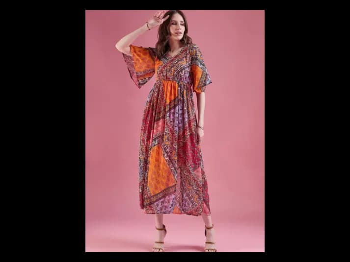Ethnic Motifs Print Flared Sleeve Chiffon Empire Maxi Dress (2)