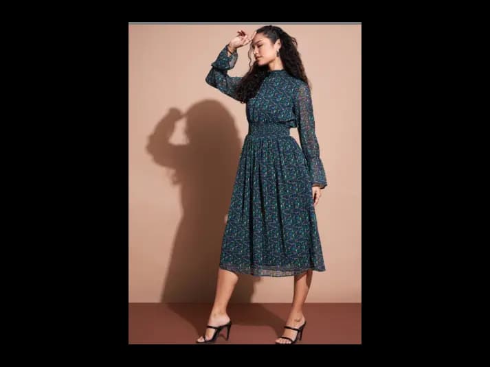 Beige Floral Print Puff Sleeve Fit & Flare Midi Dress (2)