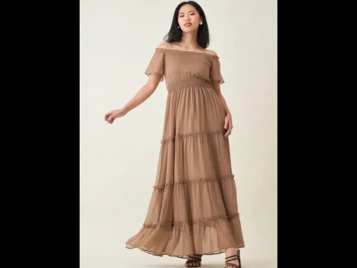 Women Off-Shoulder Tiered Smocked Chiffon Maxi Dress (4)