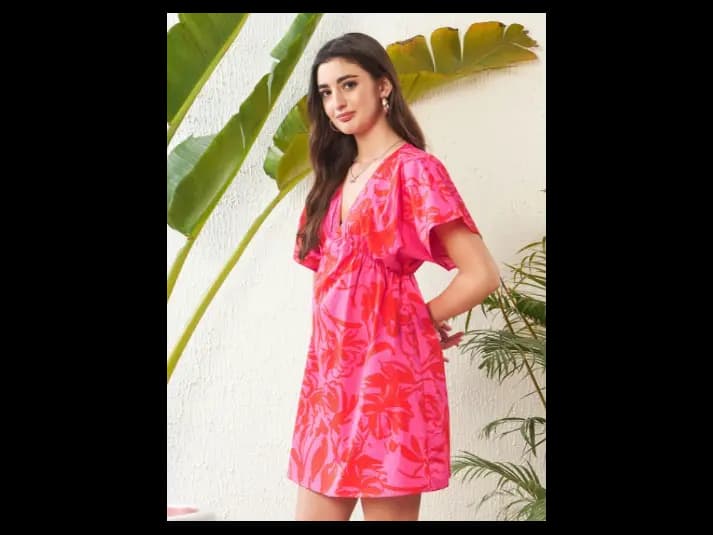 Floral Printed Extended Sleeves Pure Cotton Empire Mini Dress (3)