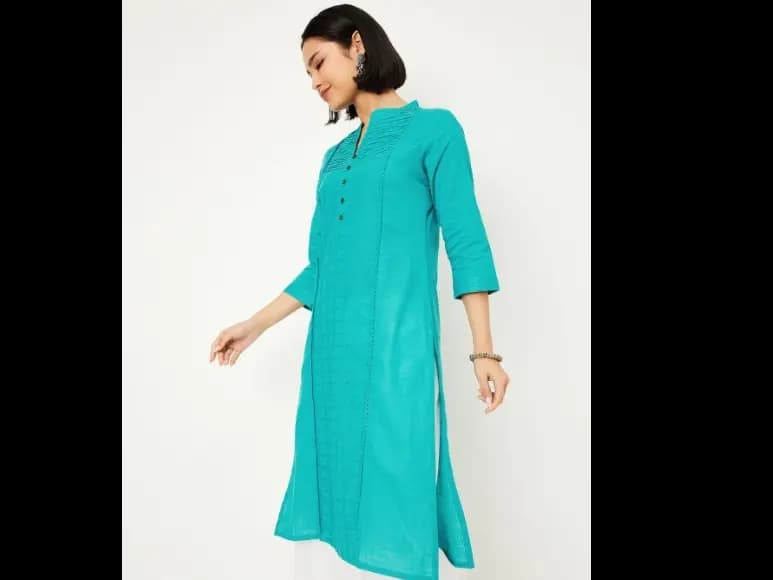 Pleated Mandarin Collar Pure Cotton Straight Kurta (3)