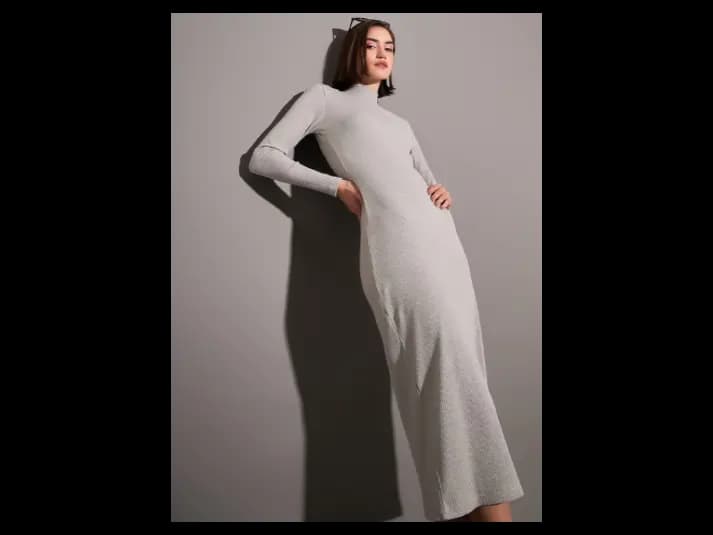 Grey Mock Neck A-Line Midi Dress (2)