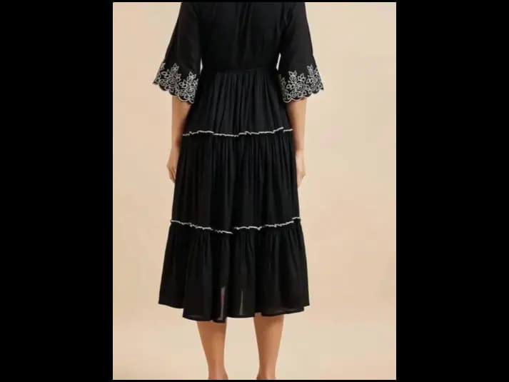 Floral Embroidered V Neck Bell Sleeves Empire Fit & Flare Tiered Dress (5)