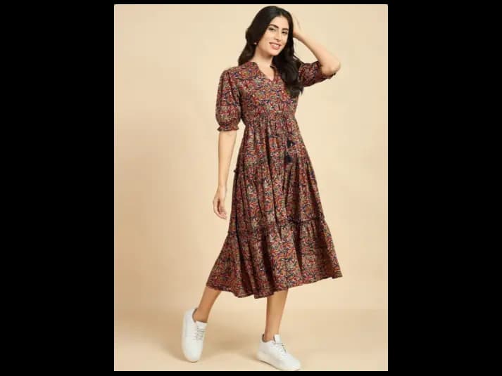 Ethnic Motif Print Mandarin Collar Short Puff Sleeves Cotton A-Line Midi Dress
