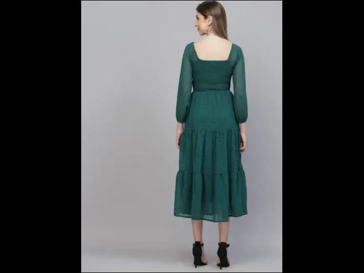 Printed Square Neck Puff Sleeve Georgette Fit & Flare Midi Dress (4)