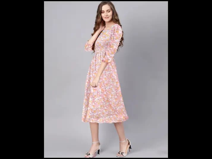 Women Floral Fit & Flared Dress with Round Neck (2)