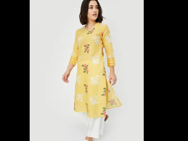Floral Printed V-Neck Cotton Straight Kurta (2)