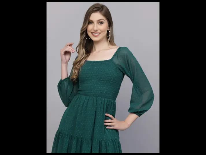 Printed Square Neck Puff Sleeve Georgette Fit & Flare Midi Dress (3)