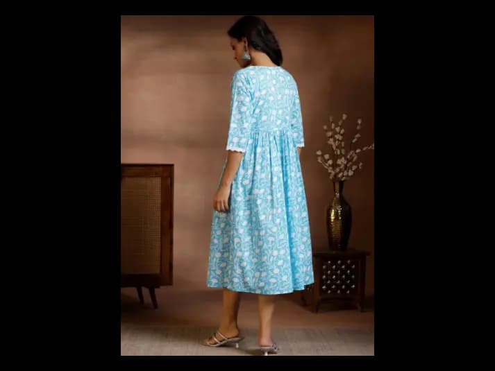 Floral Printed Cotton Fit and Flare Midi Dress (5)