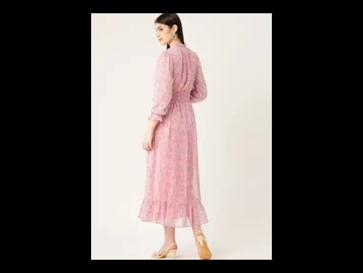 Beige Floral Print Puff Sleeve Fit & Flare Midi Dress (4)