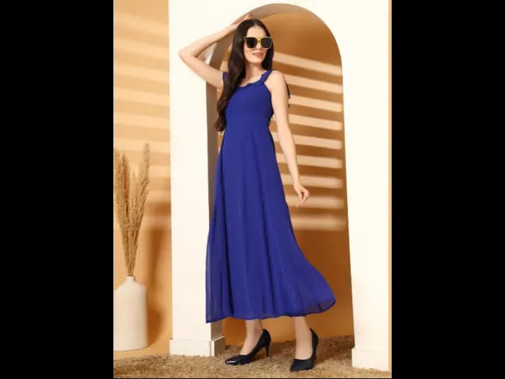 Georgette Round Neck Flutter Sleeves Fit & Flare Maxi Dress