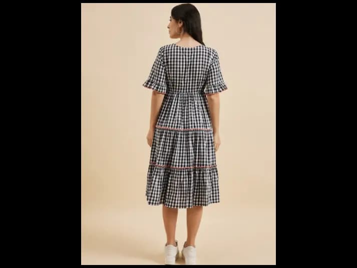 Checked Cotton Empire Puff Sleeve Layered Fit & Flare Midi Dress (5)