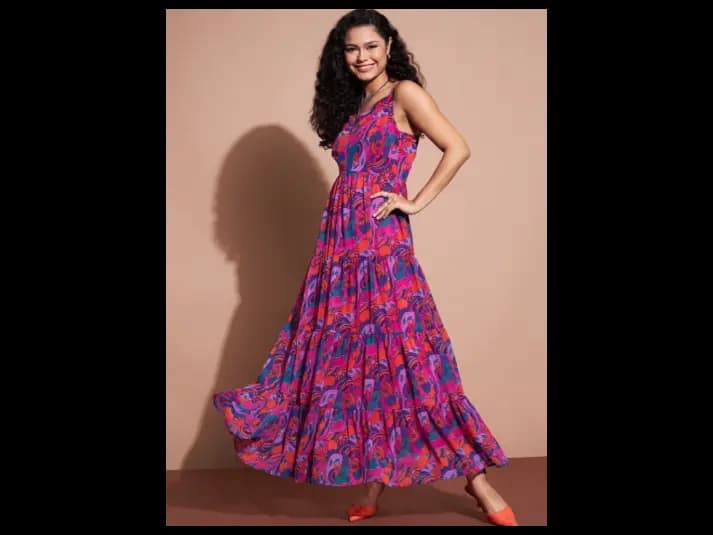 Floral Printed Shoulder Strap Fit and Flare Maxi Dress (3)