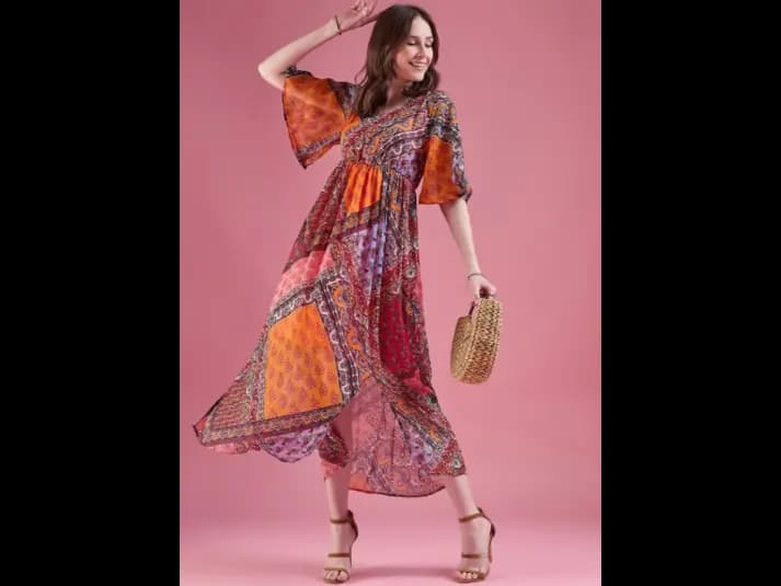 Ethnic Motifs Print Flared Sleeve Chiffon Empire Maxi Dress (5)