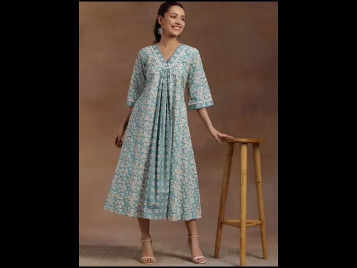 Floral Print Flared Sleeve A-Line Midi Dress