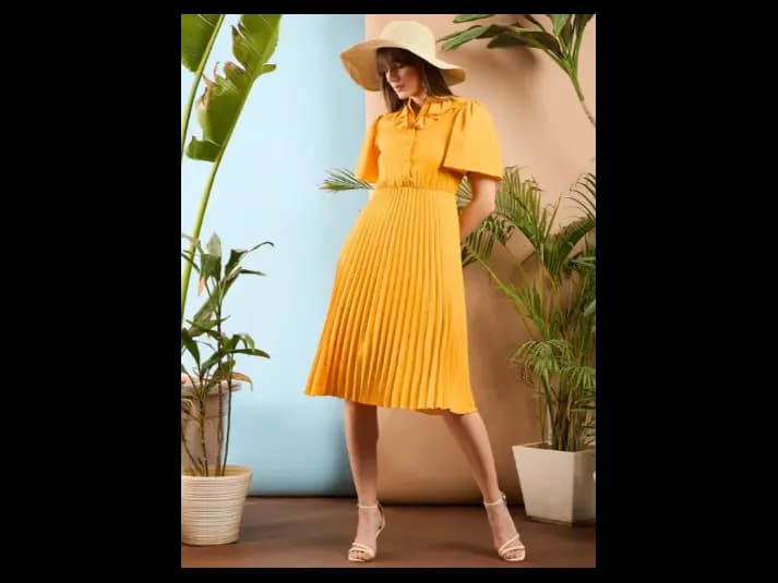 Mustard Yellow Ruffle Flared Sleeves Accordian Pleated Fit & Flare Midi Dress