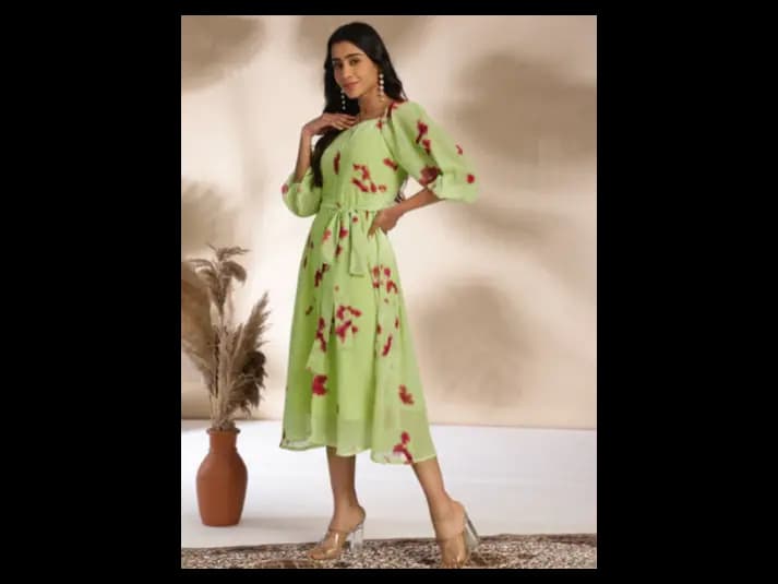 Light Green Dobby Georgette Tie & Dye A-Line Dress (2)