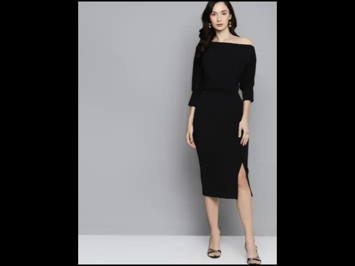 Black One-Shoulder Belted Drop Shoulder Midi Dress