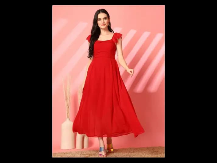 Women Square Neck Flared Sleeves Fit & Flare Maxi Dress