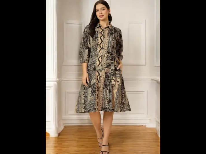 Ethnic Motifs Printed Puff Sleeve Fit & Flare Midi Dress