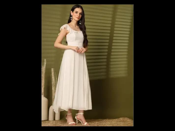 Georgette Round Neck Flutter Sleeves Fit & Flare Maxi Dress (2)
