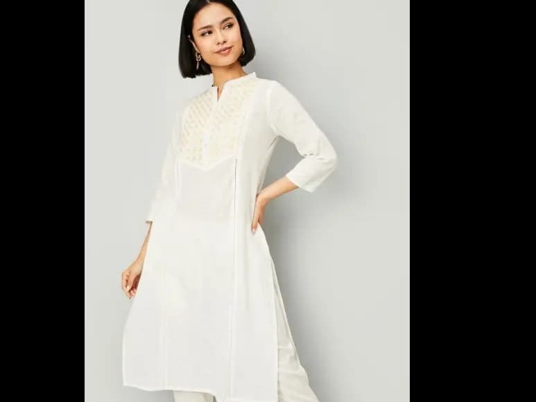 Floral Yoke Design Mandarin Collar Panelled Thread Work Cotton Straight Kurta (2)