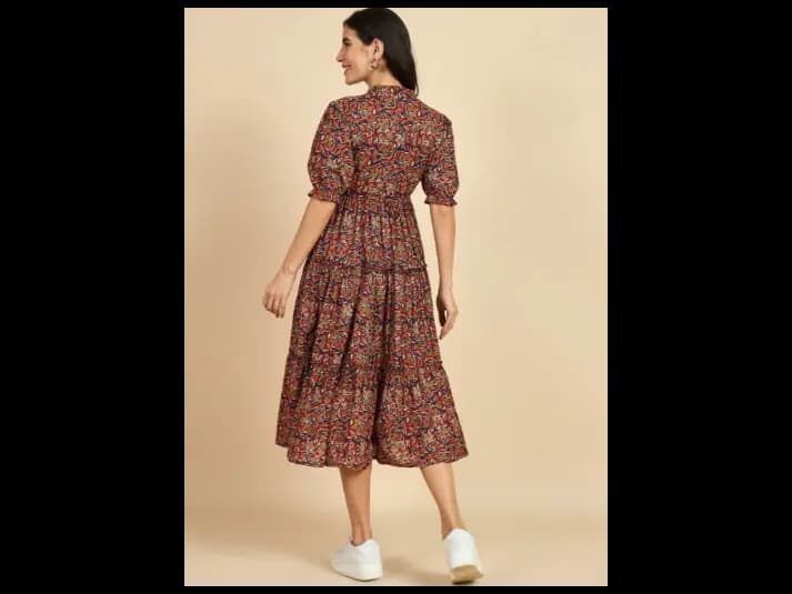 Ethnic Motif Print Mandarin Collar Short Puff Sleeves Cotton A-Line Midi Dress (3)