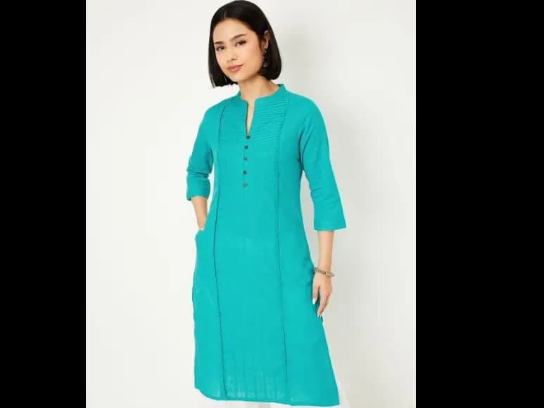 Pleated Mandarin Collar Pure Cotton Straight Kurta (2)