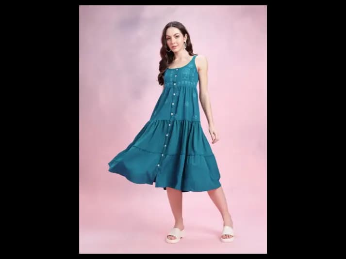 Floral Embroidered Tiered Fit & Flare Midi Dress