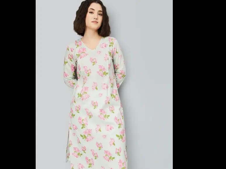 Women Floral Striped Flared Sleeves Thread Work Kaftan Kurta