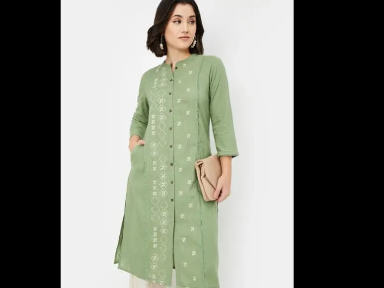 Floral Printed Panelled Mandarin Collar Cotton Straight Kurta