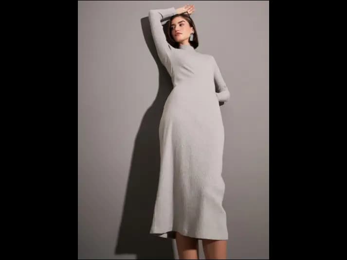 Grey Mock Neck A-Line Midi Dress