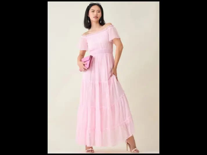 Off-Shoulder Smocked Tiered Chiffon Fit & Flare Maxi Dress (2)