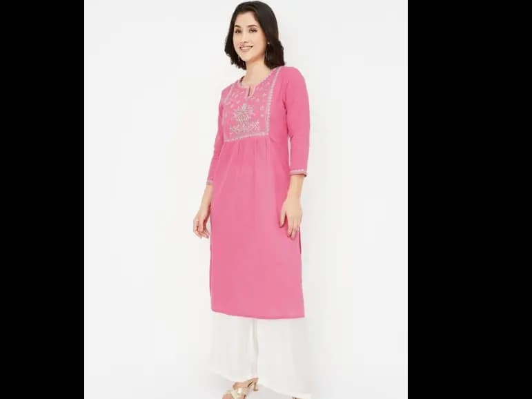 Ethnic Motifs Sequinned Embroidered Notch-Neck Straight Kurta