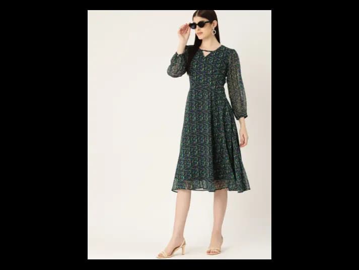 Black & Green Floral Printed Puff Sleeve Chiffon Fit & Flare Midi Dress