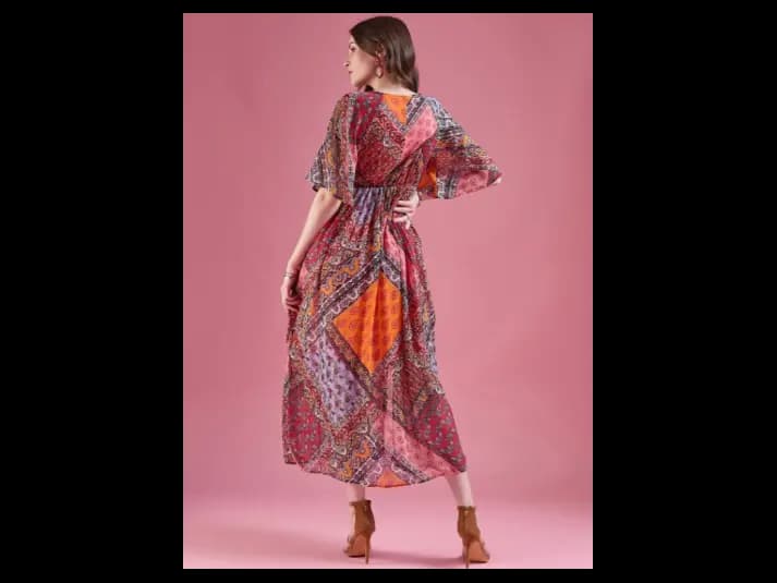 Ethnic Motifs Print Flared Sleeve Chiffon Empire Maxi Dress (4)