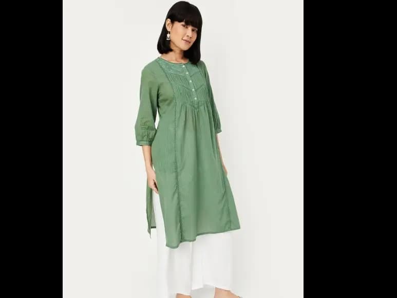 Striped Thread Work Pleated Cotton A-Line Kurta (2)
